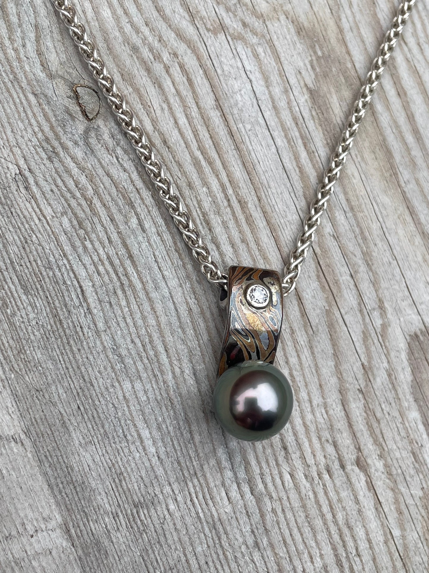 Tahitian Pearl, Diamond and Mokume Pendant