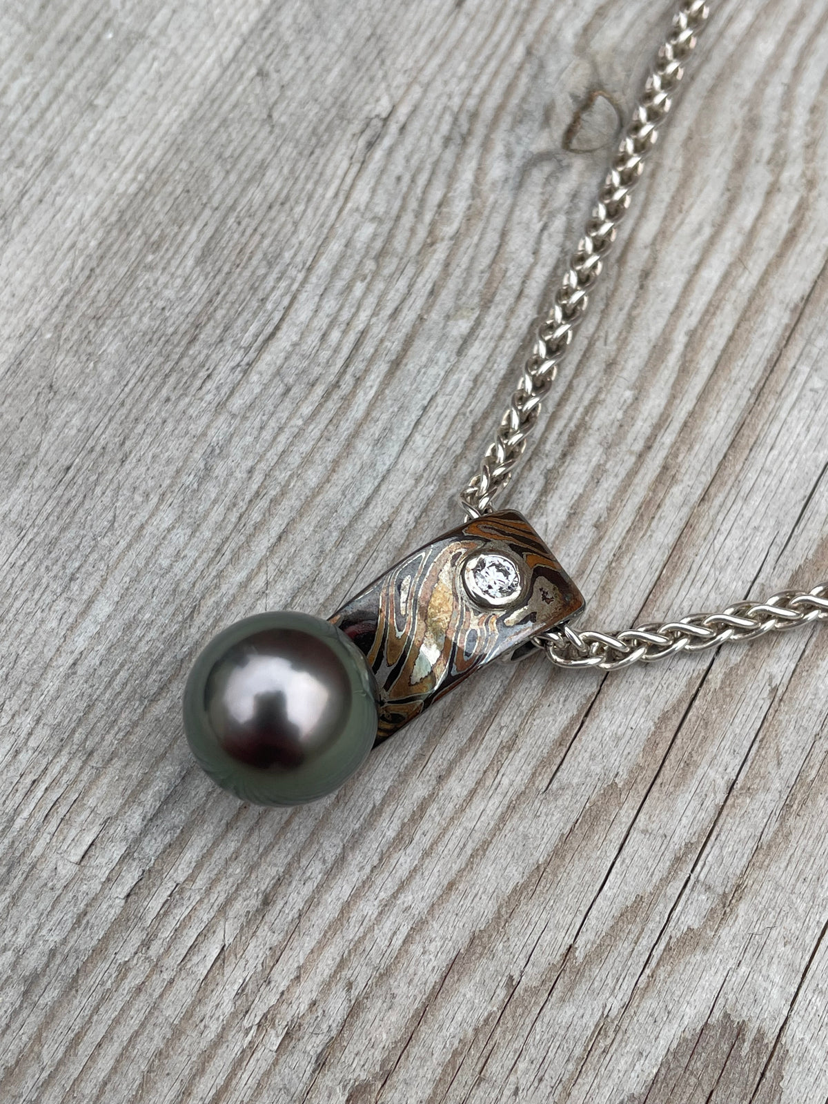 Tahitian Pearl, Diamond and Mokume Pendant