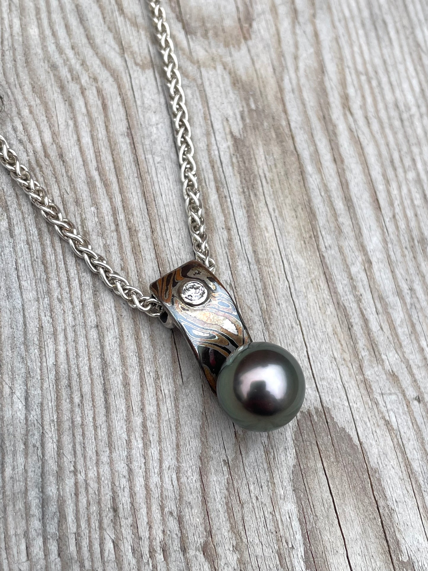 Tahitian Pearl, Diamond and Mokume Pendant