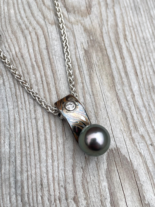 Tahitian Pearl, Diamond and Mokume Pendant