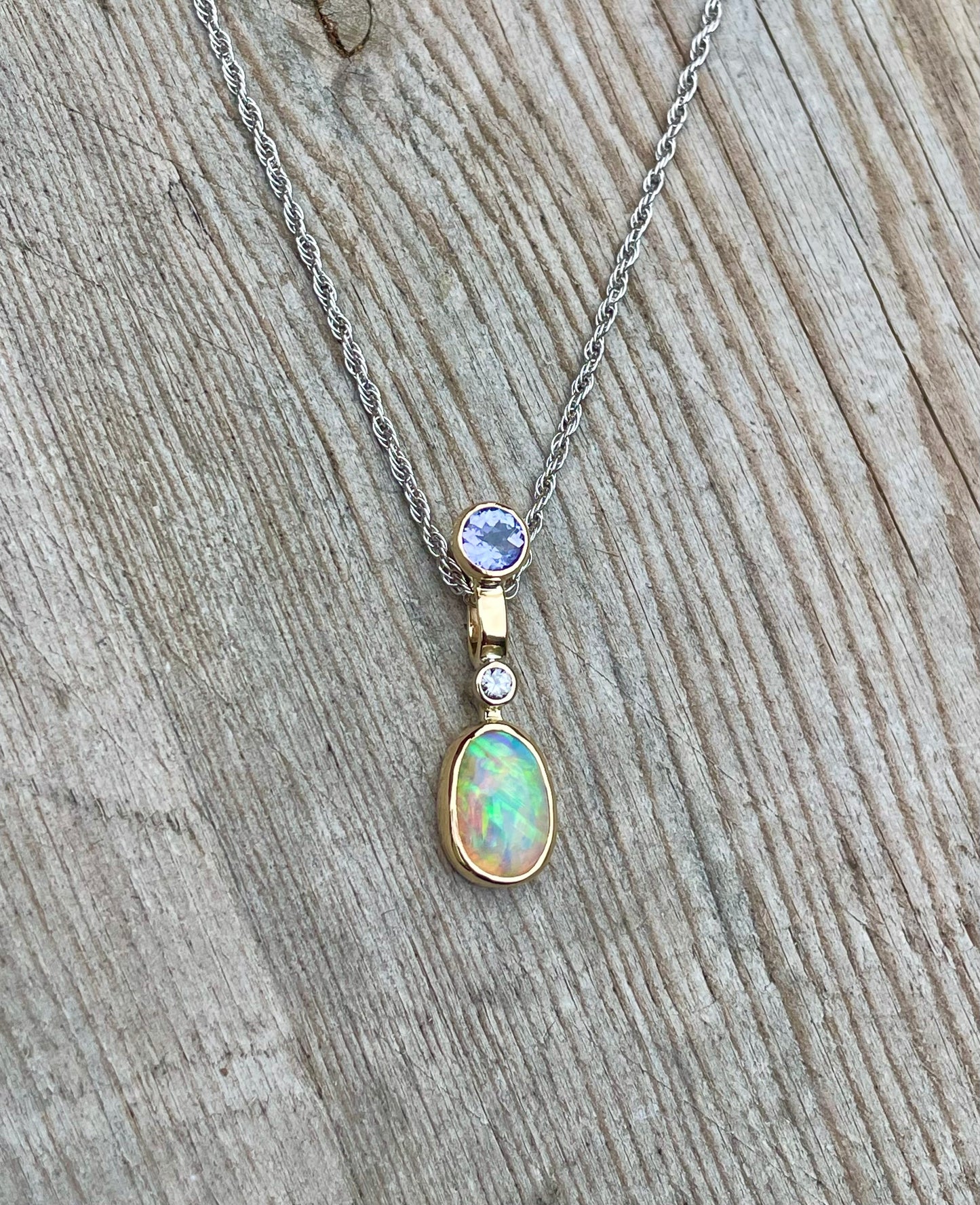 Tanzanite, Opal and Diamond Pendant