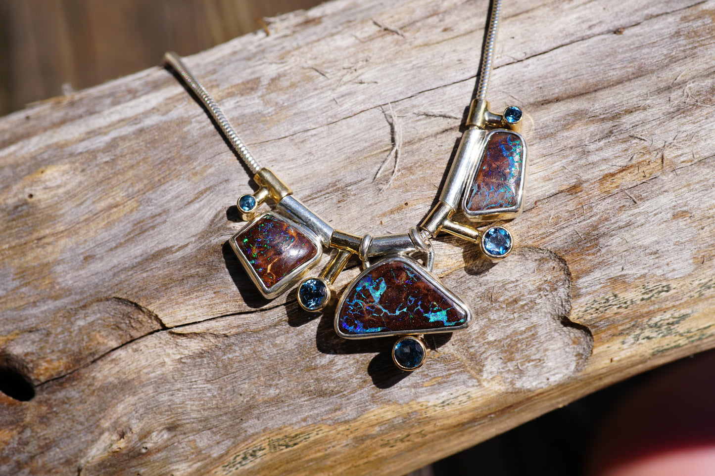 Solid Gold and Silver Boulder Opal Necklace