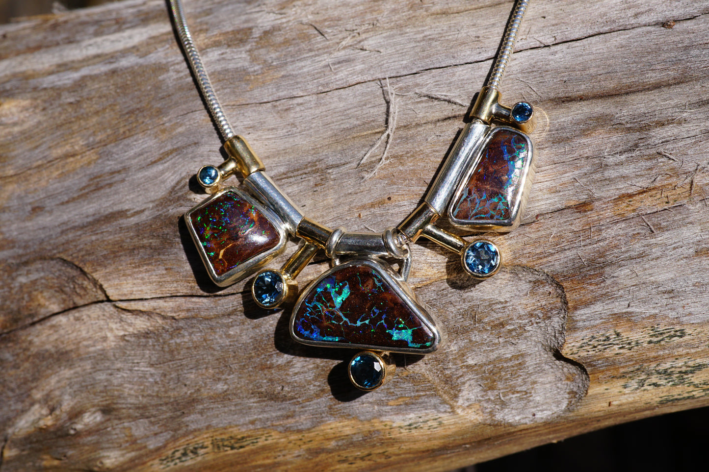 Solid Gold and Silver Boulder Opal Necklace