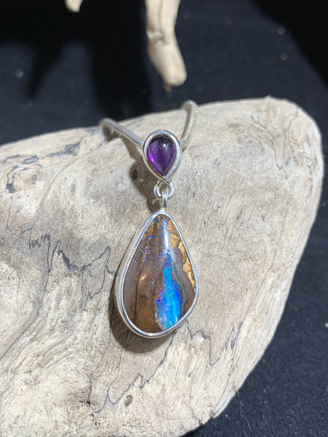 Boulder Opal and Amethyst Pendant