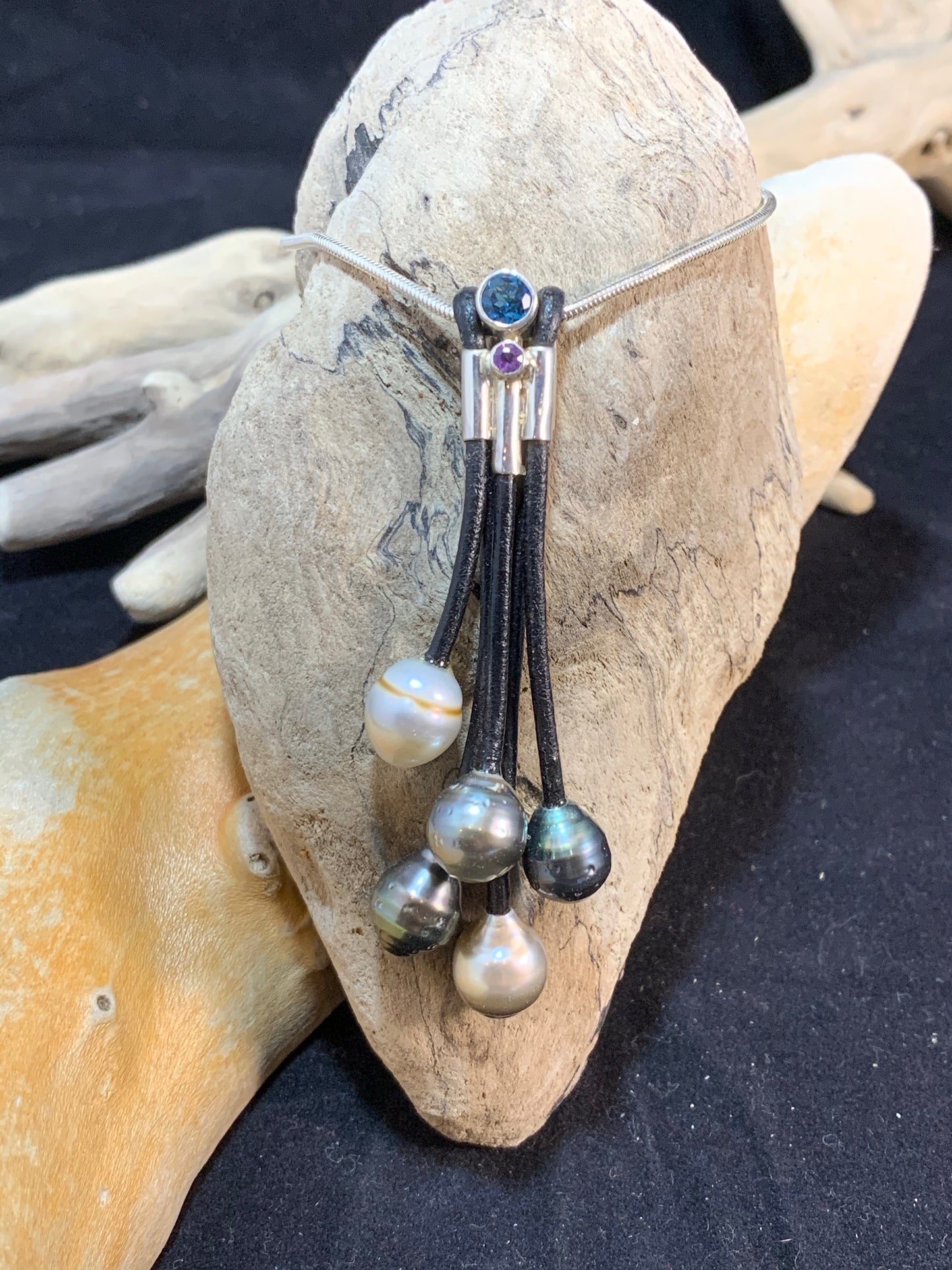 Tahitian Pearl,Leather and Silver Pendant