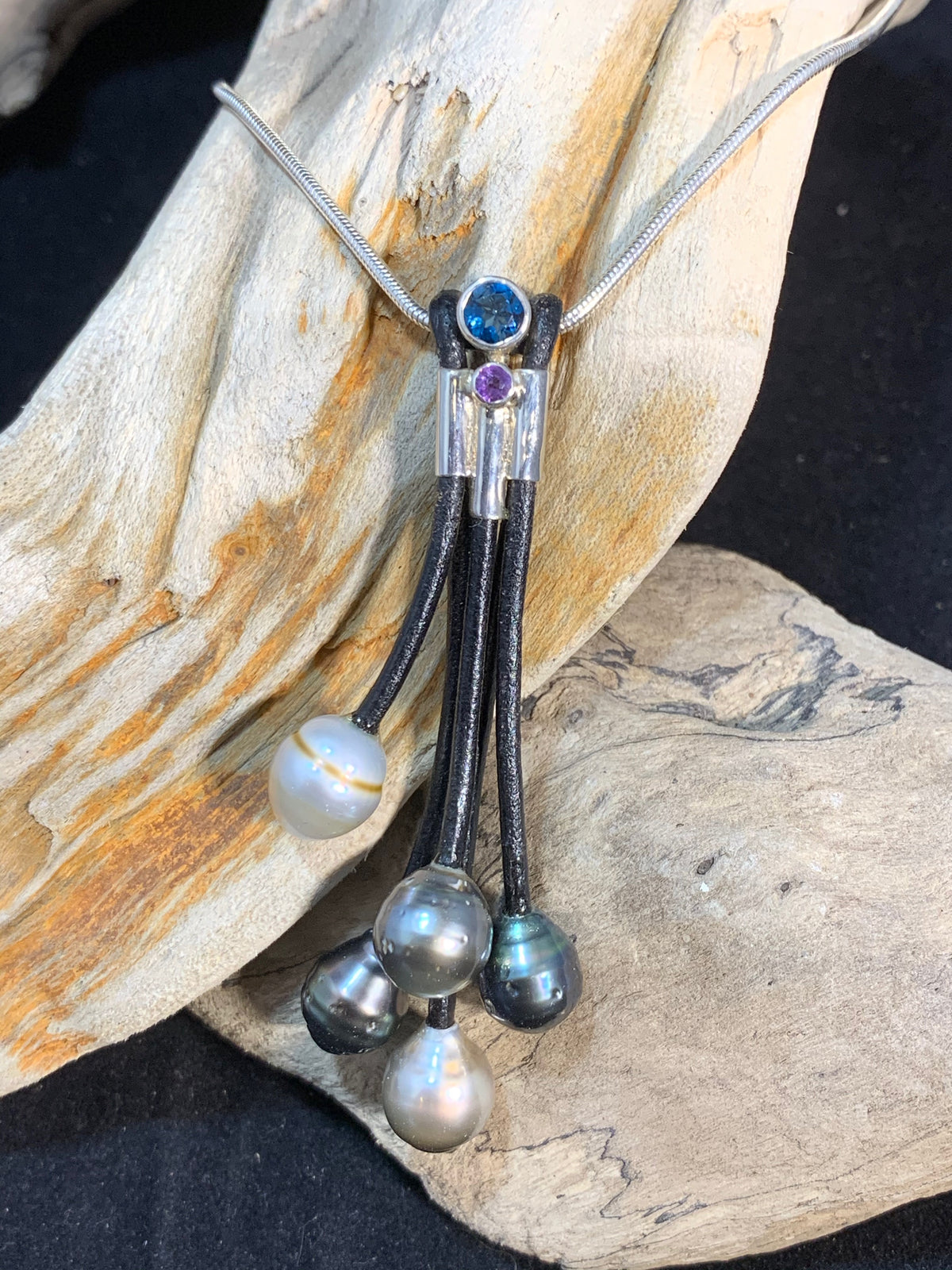 Tahitian Pearl,Leather and Silver Pendant