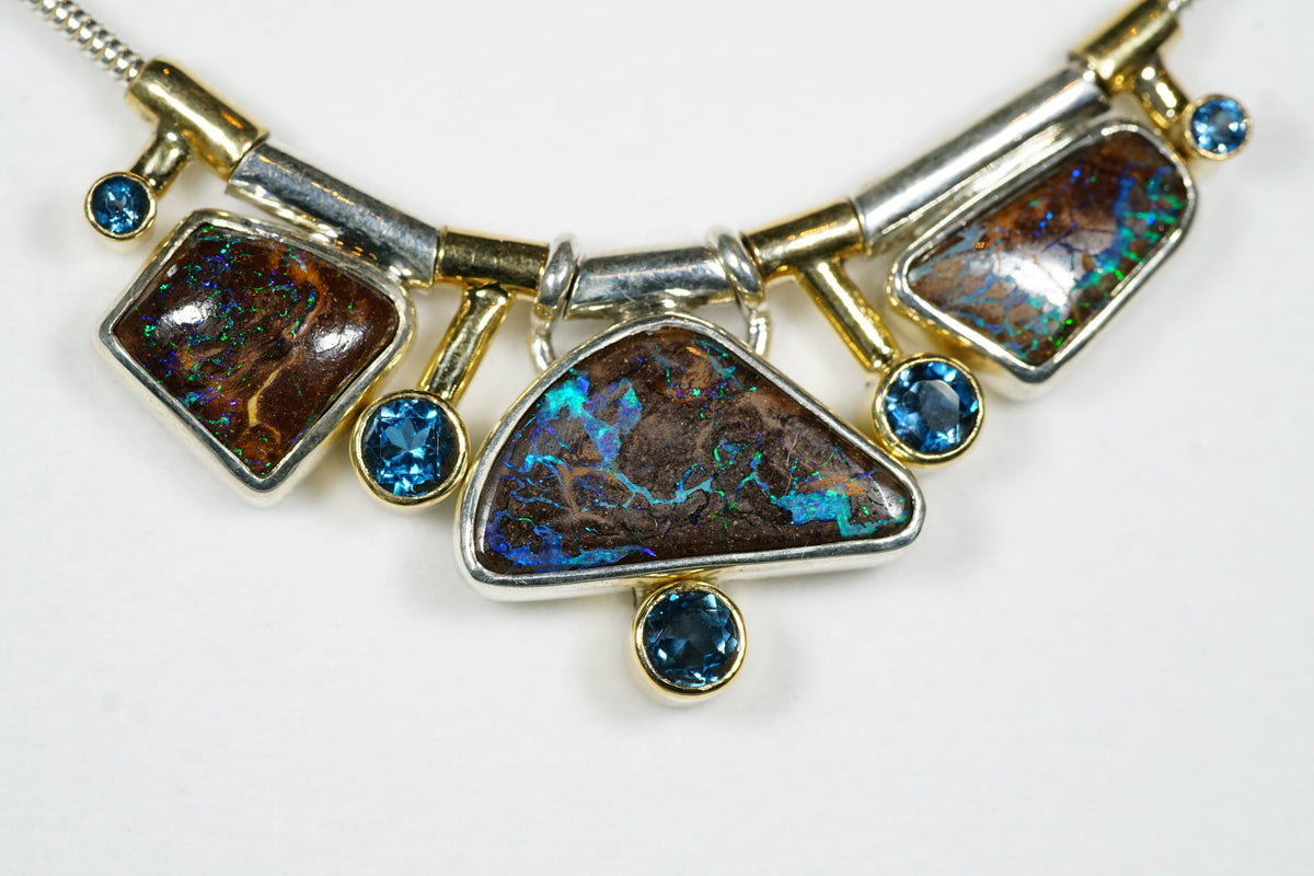 Solid Gold and Silver Boulder Opal Necklace
