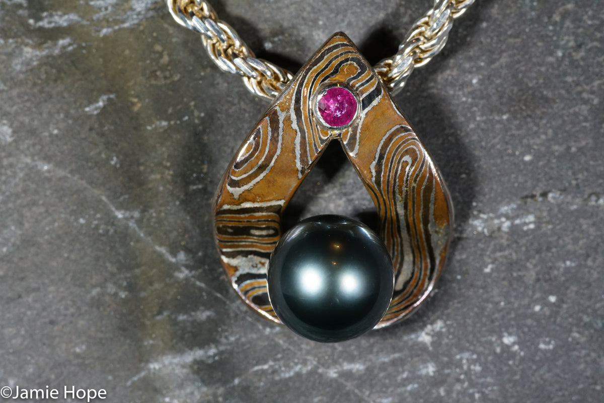 AAA Tahitian Pearl and Mokume Pendant